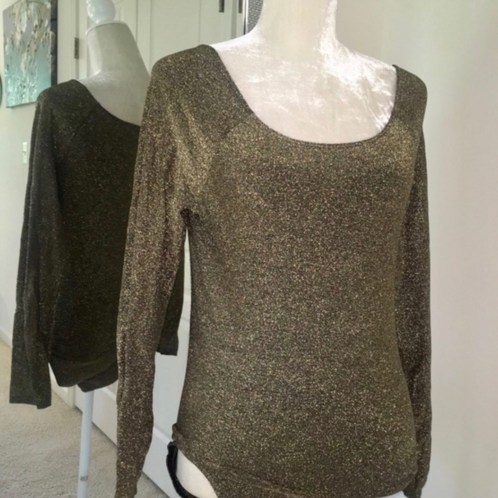 Wolford Long Sleeve Off Shoulder Shimmer Bling Bodysuit Top Black Gold